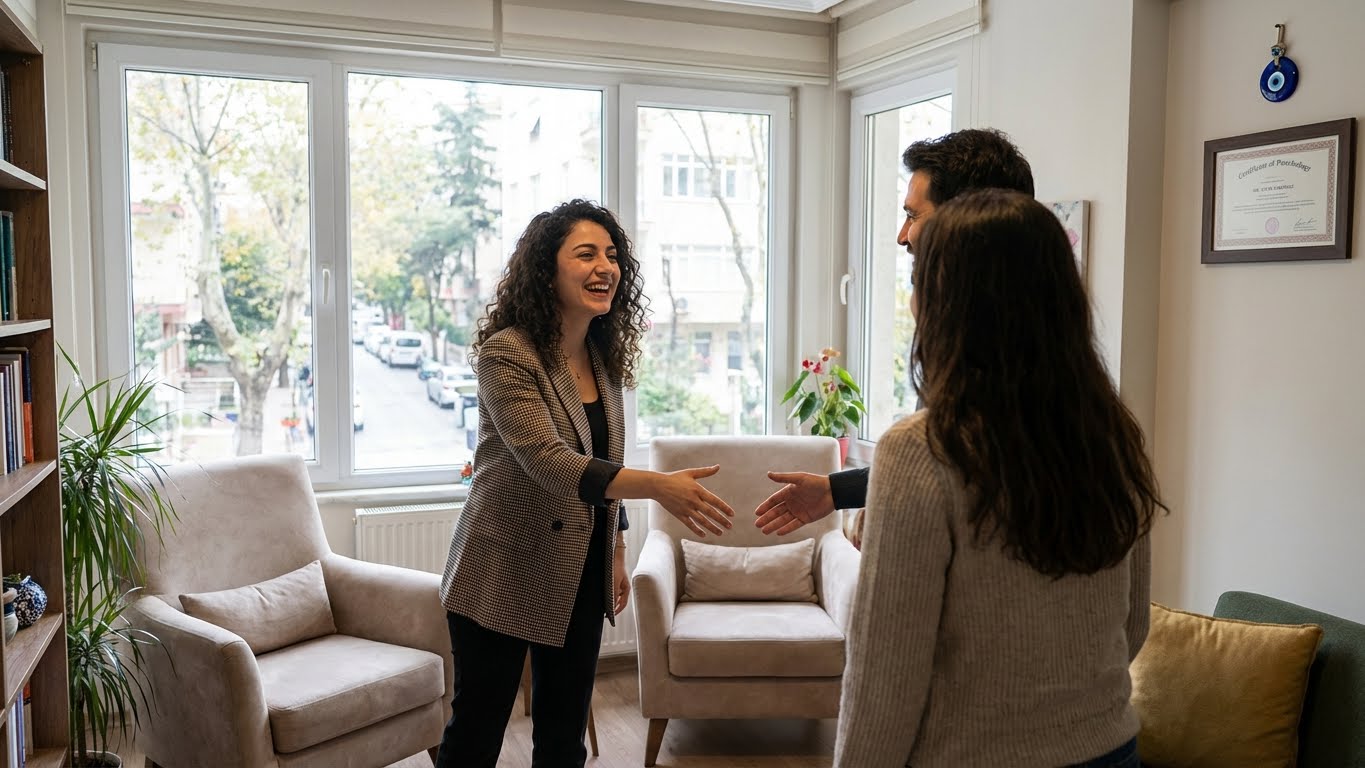 Bakırköy psikolog ofisinde güler yüzlü klinik psikolog ve aile terapisi ortamı.