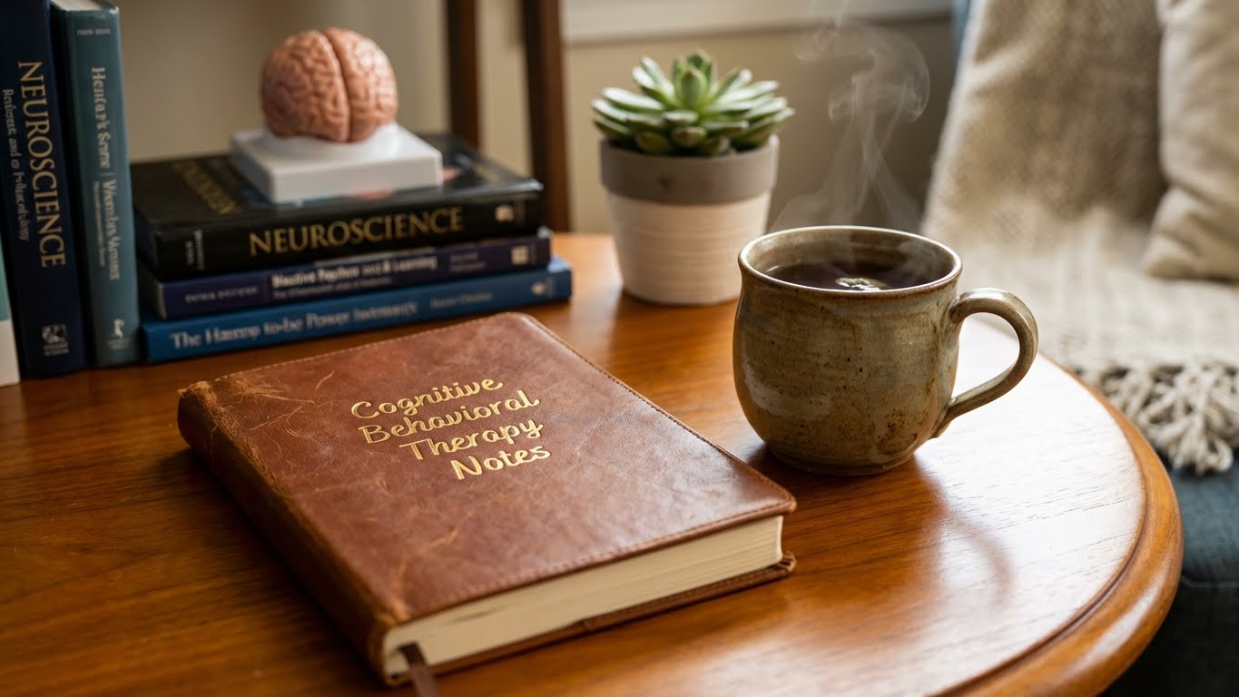 Depresyon tedavisi ve ağrı yönetimi için kullanılan Bilişsel Davranışçı Terapi materyalleri ve klinik ortam detayı.