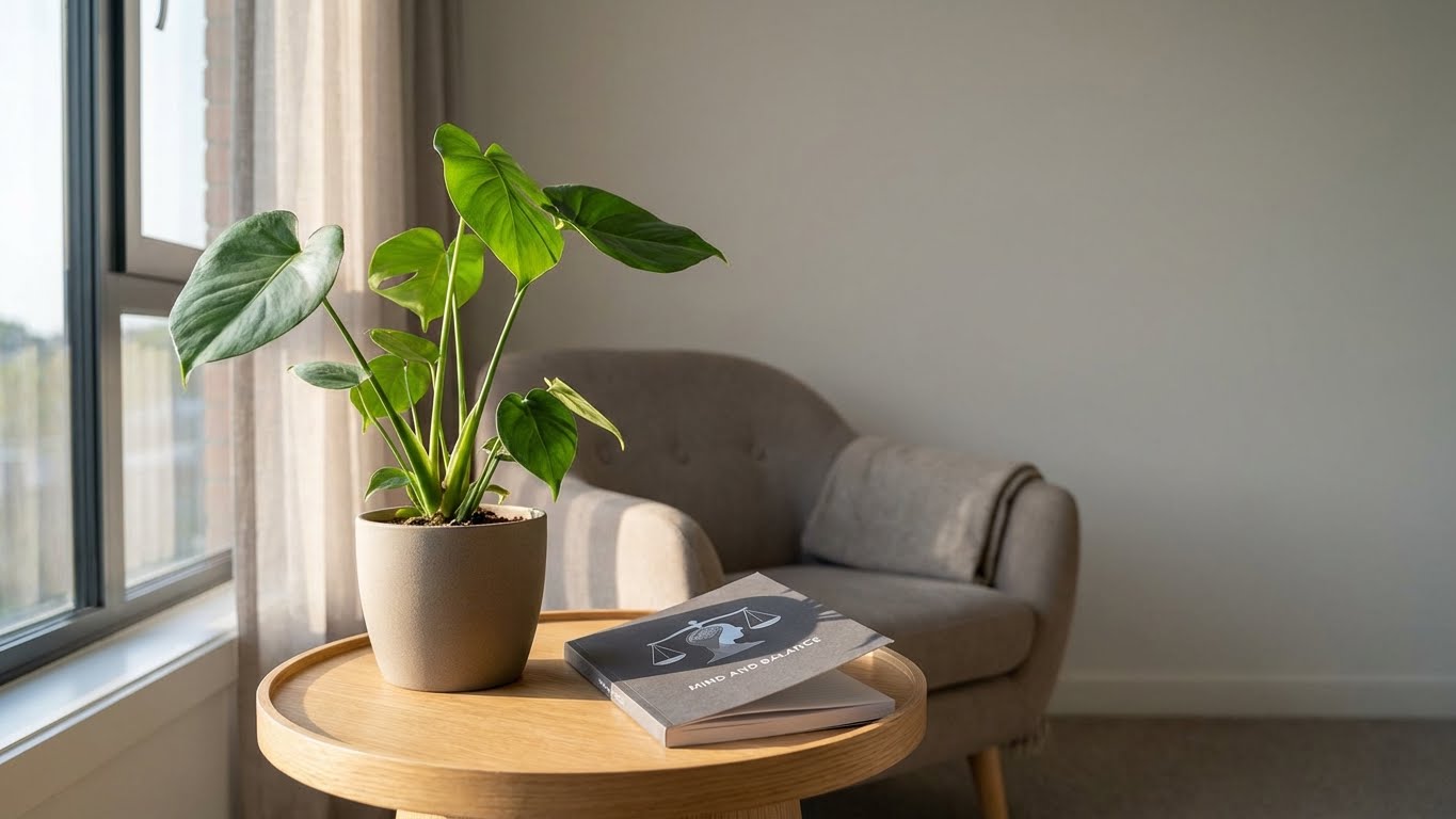 Panik atak tedavisinde kullanılan bilişsel davranışçı terapi yöntemleri ve zihinsel dengeyi simgeleyen huzurlu bir klinik ortamı.