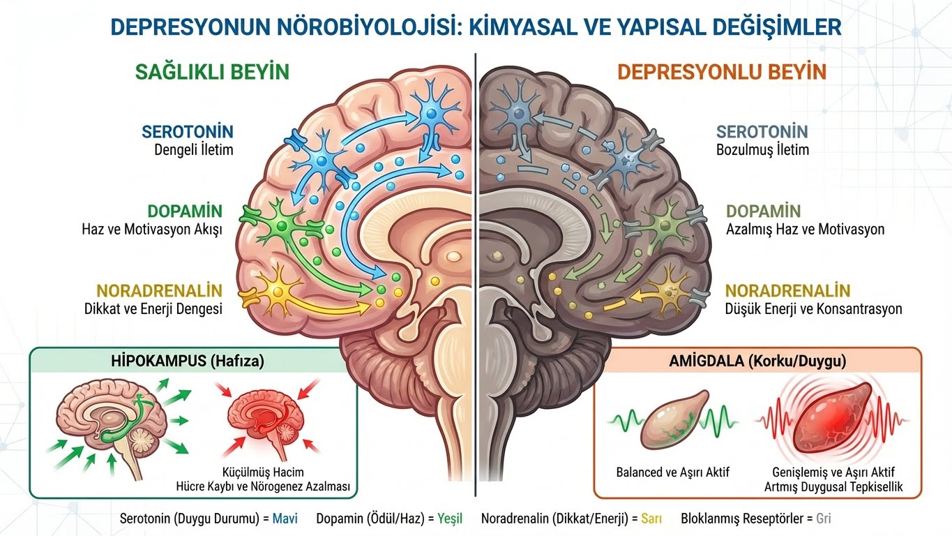 Sağlıklı ve depresyondaki beyin arasındaki nörotransmitter (serotonin, dopamin) dengesizliğini, hipokampus küçülmesini ve amigdala aşırı aktivitesini gösteren infografik diyagramı.