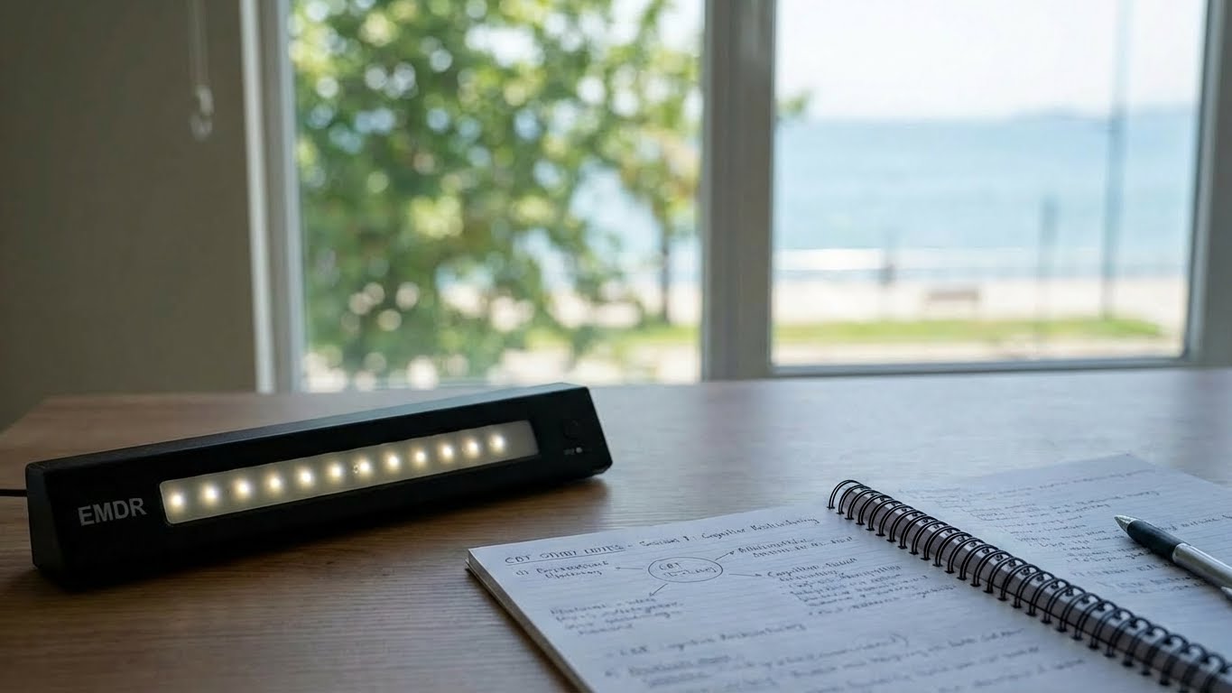 epresyon tedavisinde kullanılan bilimsel yöntemler: BDT notları ve EMDR cihazı.