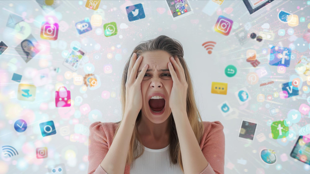Dijital dünyada narsistik onay arayışı ve duygusal patlamayı simgeleyen, sosyal medya ikonları arasında bağıran kadın.