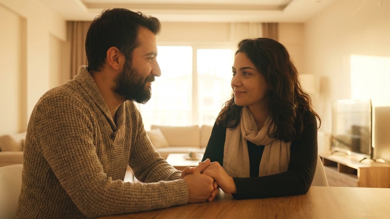 Çiftler arasında sağlıklı iletişim ve duygusal regülasyonun sağlandığı güvenli bir an.
