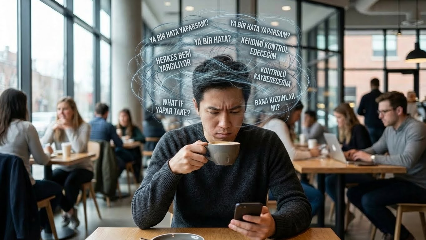 "Anksiyetesi olan biri nasıl davranır" sorusunun cevabı olarak, dışarıdan sakin görünen birinin zihnindeki gizli kaygı, aşırı düşünme ve içsel çatışma görselleştirmesi.