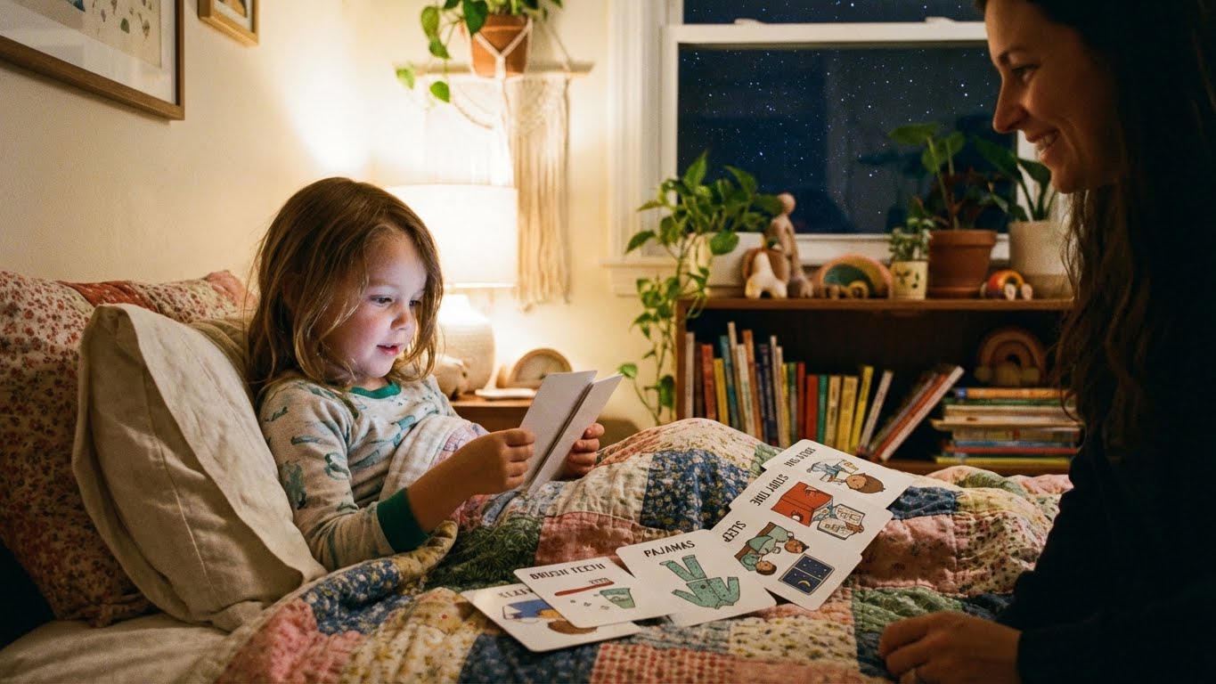 Otizmli çocuklarda uyku rutinleri için görsel kart kullanımı ve ebeveyn rehberliği.