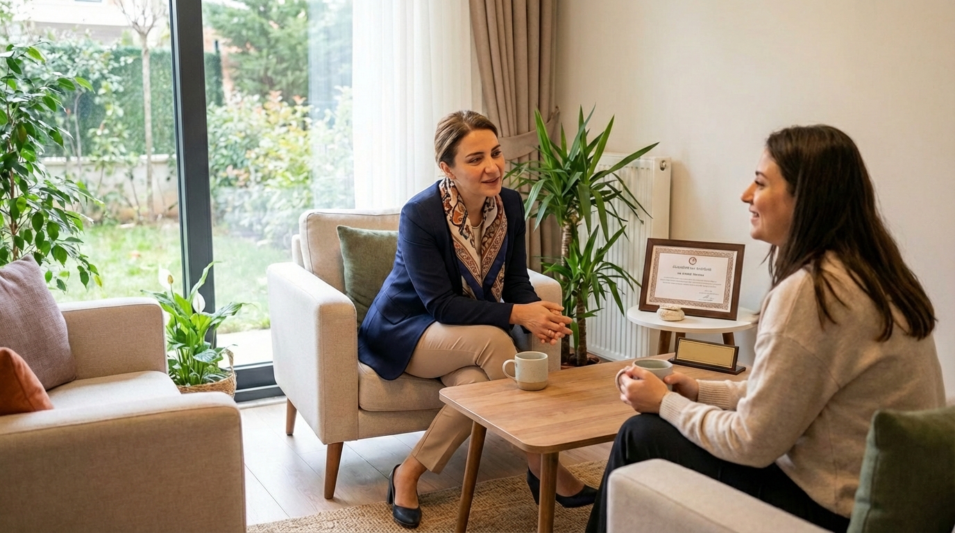 OKB obsesyon türleri üzerine profesyonel terapi alan genç bir kadın ve uzman klinik psikolog.