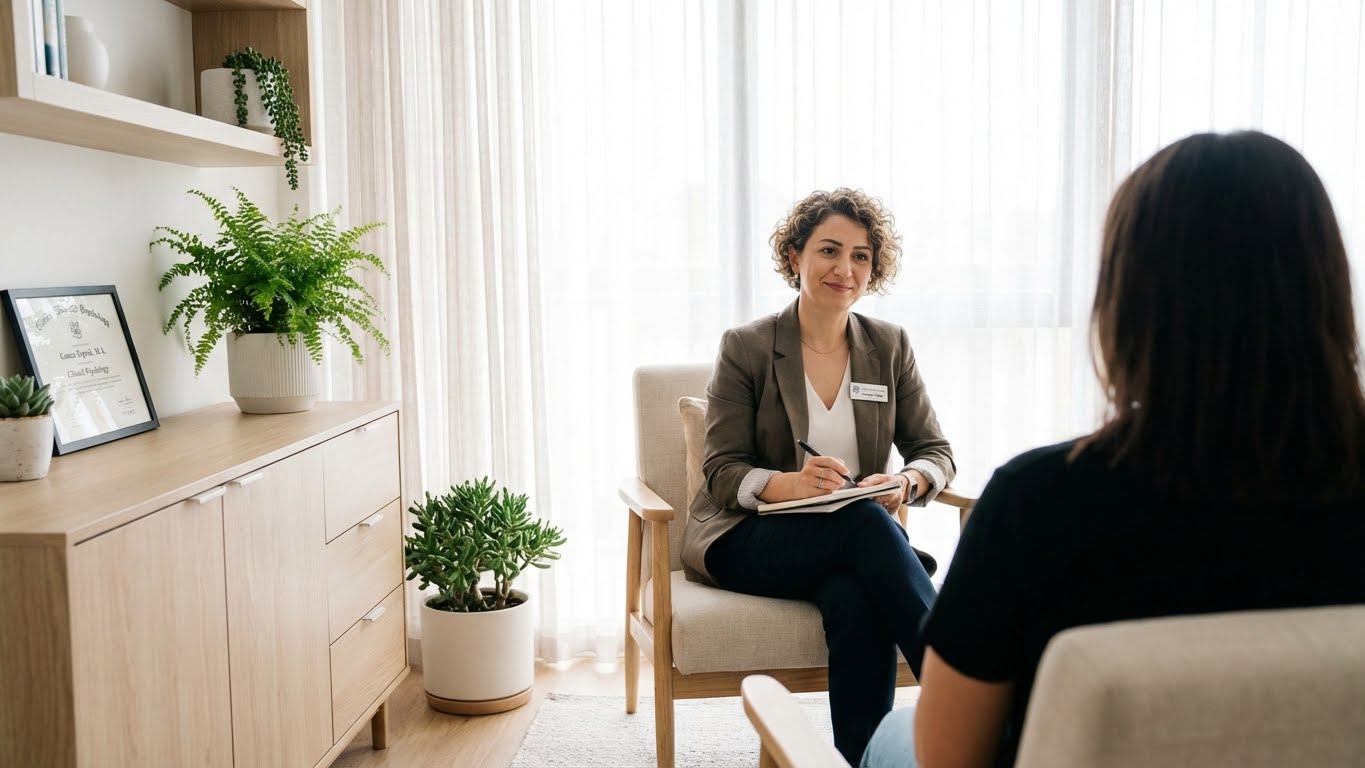 Uzman Klinik Psikolog Gamze Toprak ile modern klinik ortamında travma terapisi seansı.