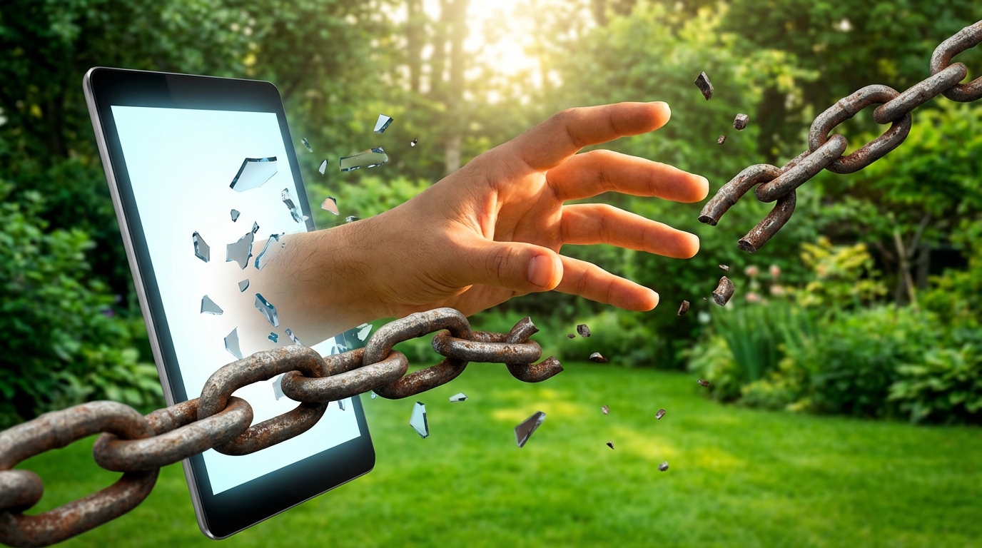Dijital bağımlılıktan kurtulma ve özgürleşme sembolü.